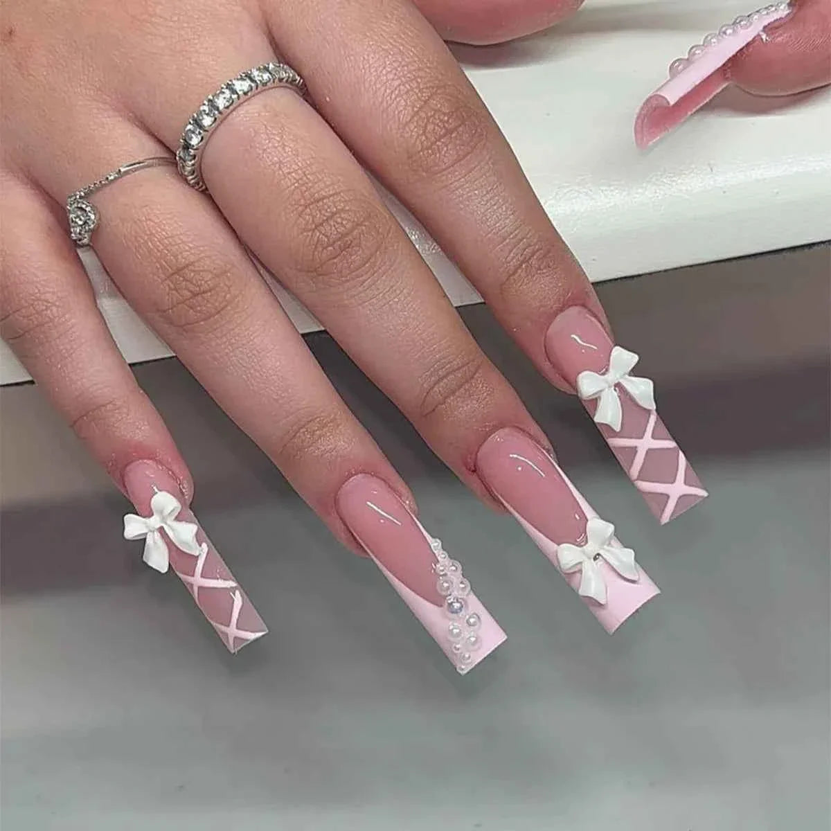 24pc Long Square French Press On Nails - 3D Heart & Rhinestone Design