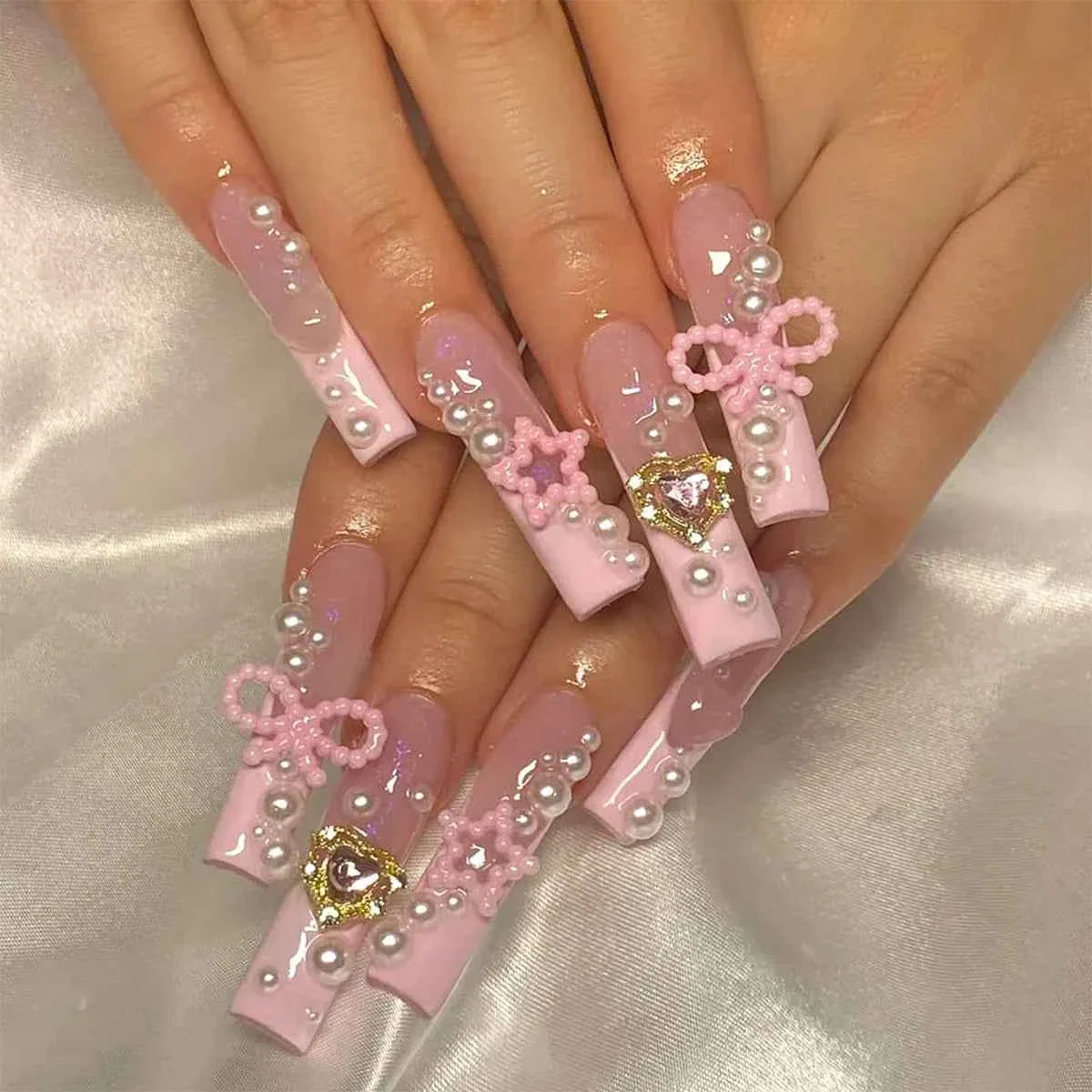 24pc Long Square French Press On Nails - 3D Heart & Rhinestone Design