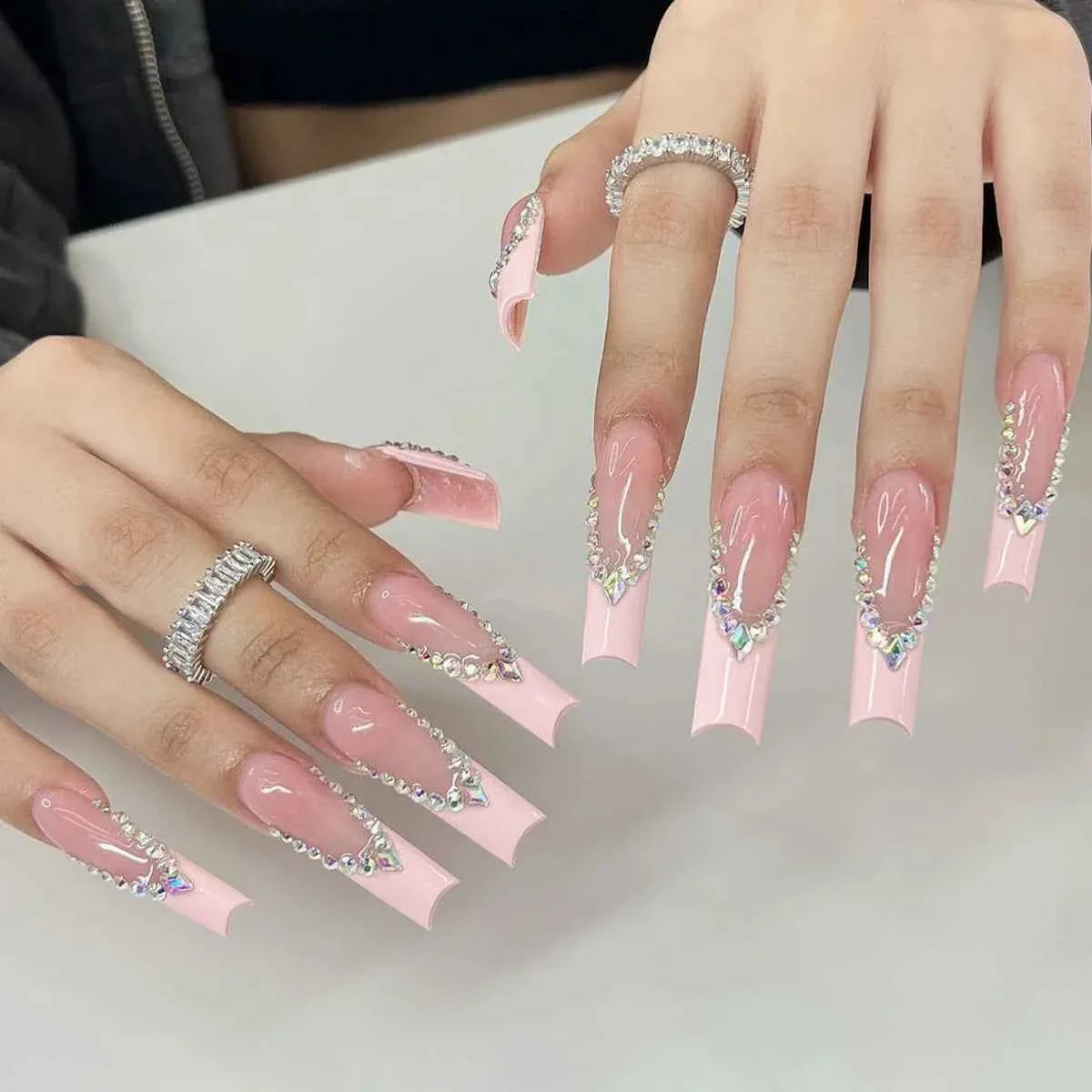 24pc Long Square French Press On Nails - 3D Heart & Rhinestone Design