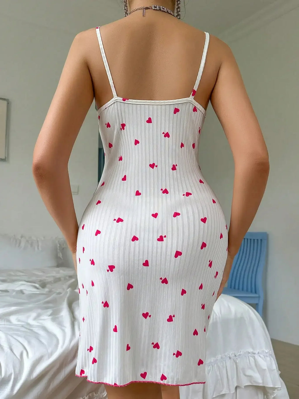 Sleepwear Women's Sexy Nightdress Night Gown Lace Trim Camisole Bow Heart Print Sleeveless Sleep Dress Pajamas Night Wear